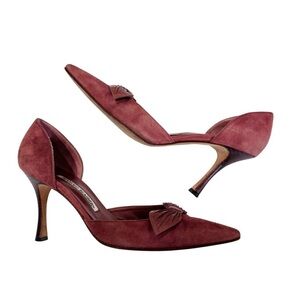 Manolo Blahnik Bow Burgundy Suede Pumps EUC